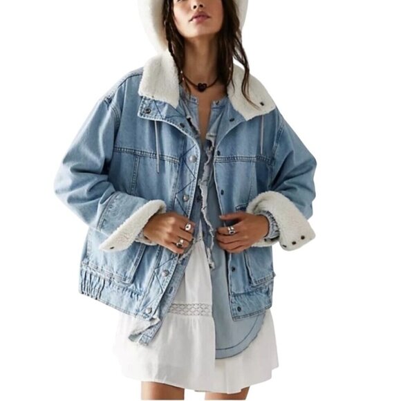 Free People We The Free Ariel Cozy Bomber Jacket Denim Sherpa Trim Size L - Picture 4 of 10